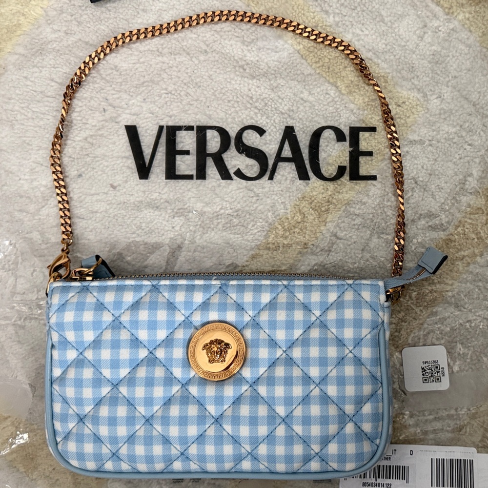 Versace La Medusa Light Blue Checkered Shoulder Bag with Gold Accent